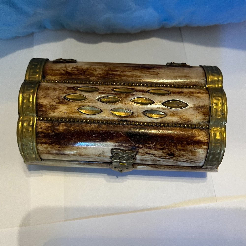 Vintage Gold Tone Bone Trinket Box with Owl Closures & Hinges